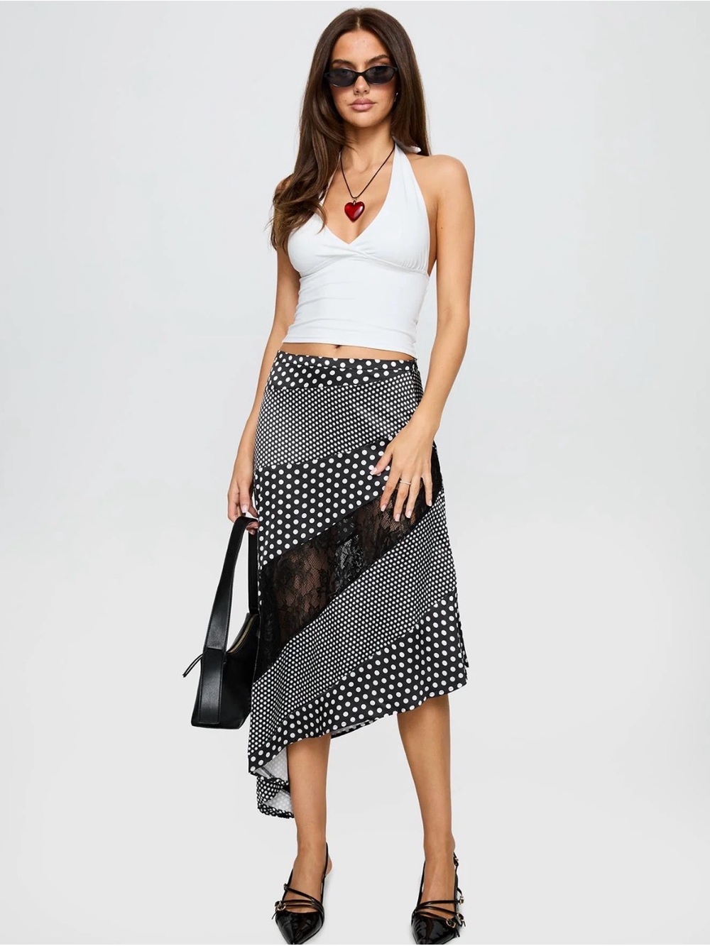 Princess Polly Black & White Polka Dot Asymmetrical Midi Skirt - Picture 3 of 4